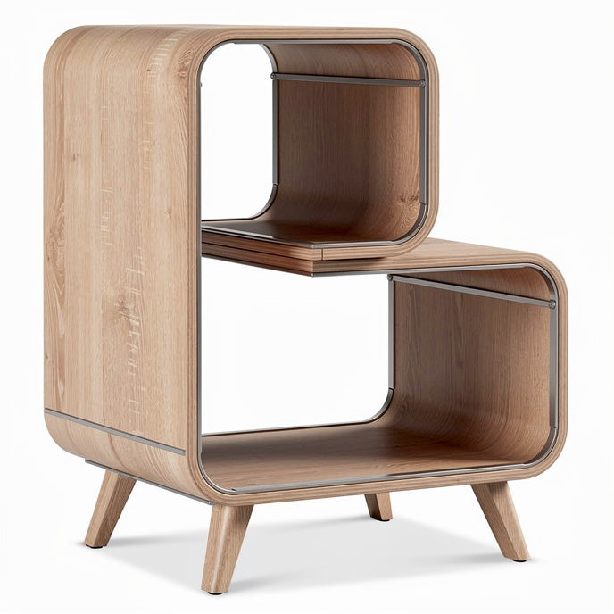 **Technische titel in het Nederlands: Minimalistisch houten meubel met open compartimenten**